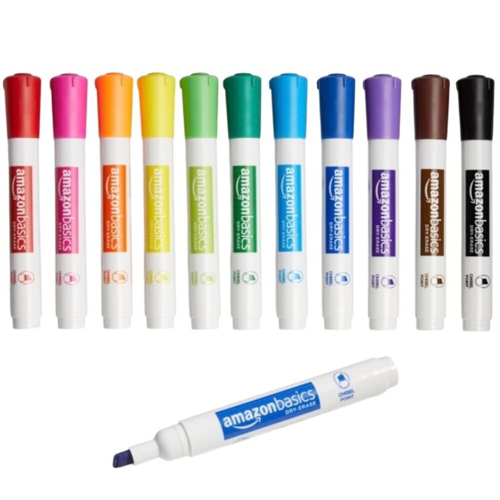 Amazon Basics Dry Erase White Board Markers Assorted Colors Chisel Tip 12 Pack
